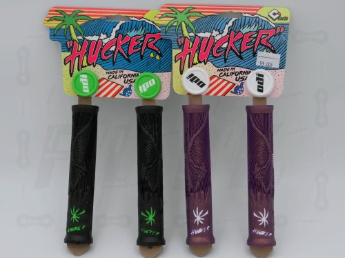 Gripy ODI Hucker Flangeless czarno - zielone, fiolotowo - białe z etykietą