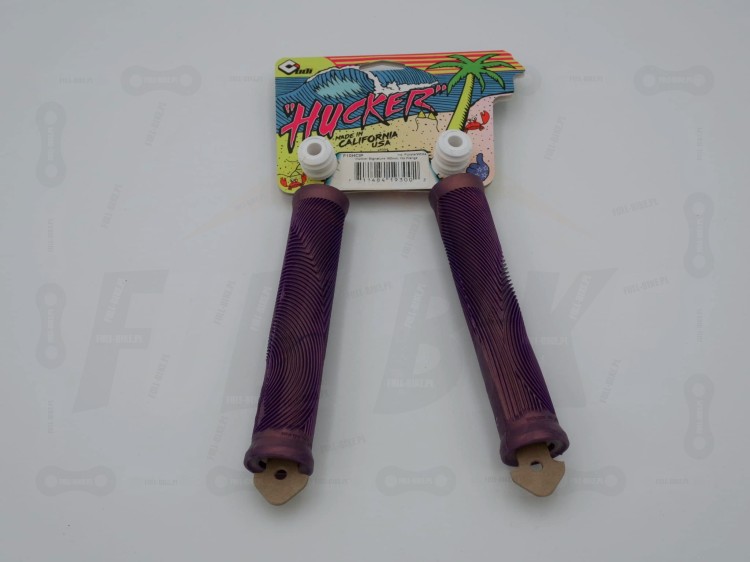 Gripy ODI Hucker Flangeless fioletowo/białe z etykietą od tyłu