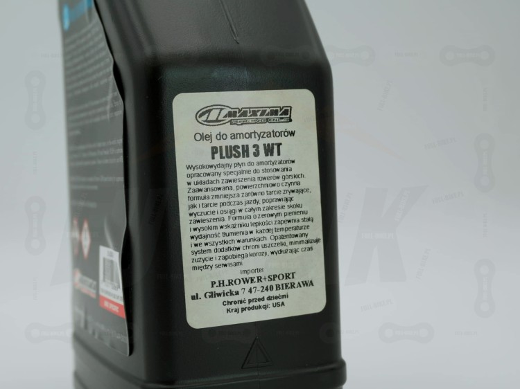 Olej do amortyzatorów oraz damperów Maxima Plush 3WT Suspension Fluid. Zbliżenie na etykiete