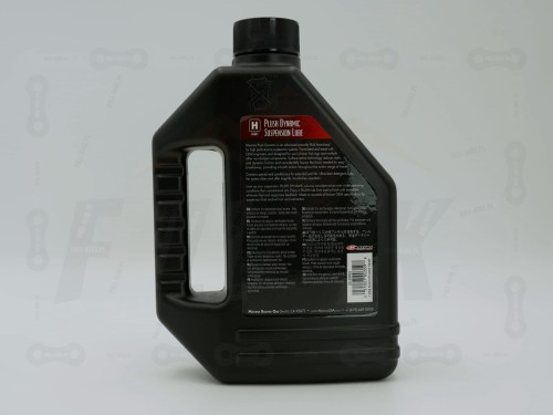 Olej do amortyzatorów oraz sztyc Maxima Plush Dynamic Heavy Suspension Lube. zbliżenie na etykiete.