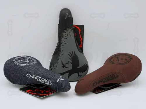 Siodło Chromag Overture w wersji Limitowanej LTD. Motyw Ravens (kruki), Denim (jeansowy), Vintage (brązowy). Widok z góry