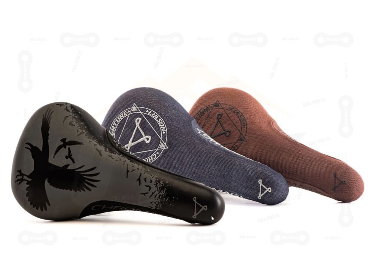 Siodło Chromag Overture w wersji Limitowanej LTD. Motyw Ravens (kruki), Denim (jeansowy), Vintage (brązowy). Widok z góry