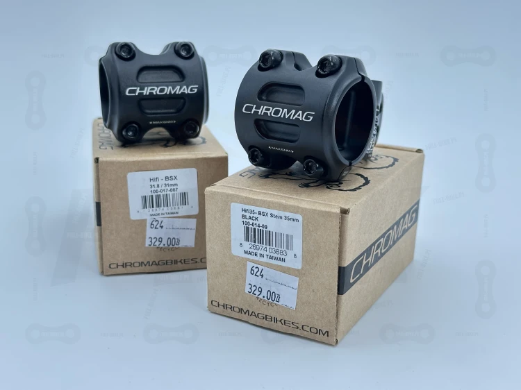 Mostki Chromag HiFI BSX w kolorze czarnym. rozmiar 31.8 oraz 35mm. Na tle oryginalnego opakowania.