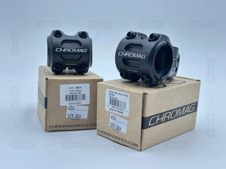 Mostki Chromag HiFI BSX w kolorze czarnym. rozmiar 31.8 oraz 35mm na tle oryginalnego opakowania