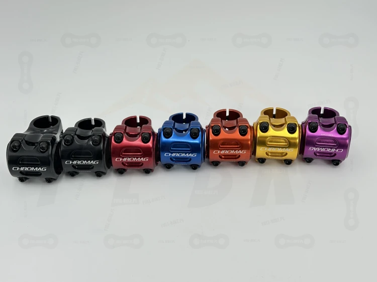 Mostek Chromag HiFI 35 o długości 35 oraz 50mm w kolorze czarnym, czerwonym, niebieskim, pomarańczowym, złotym, fioletowym. Ułożone obok siebie. widok od przodu.