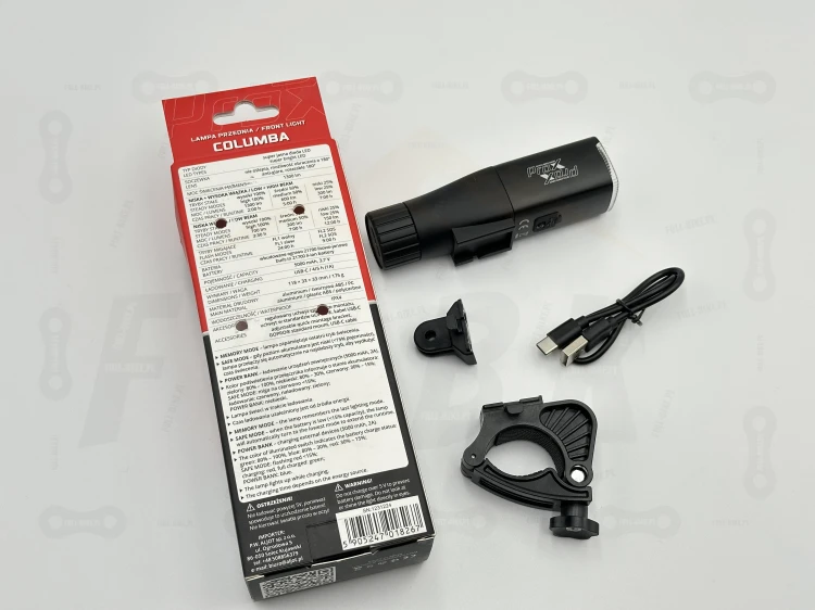 Lampa Przednia Prox Columba 1300lm 5000mAh zdjęcie obrazujące cały zestaw do mocowania, ładowarkę oraz opakowanie