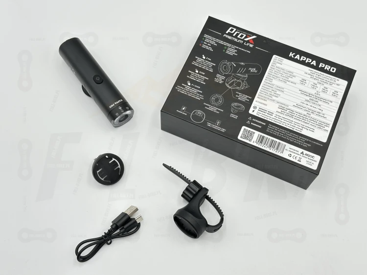 Lampa Przód Prox Kappa Pro 1500lm 4500mah główne zdjęcie produktu z widokiem elementy montażowe, które występują w zestawie, kabel ładujący oraz opakowanie