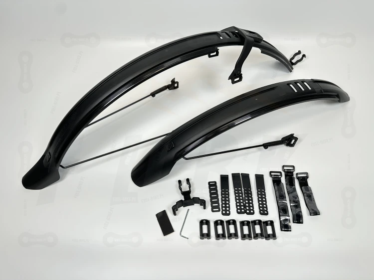 Błotnik SKS Veloflexx 65 SET główne zdjęcie rozmiaru 29" widok na przedni i tylni błotnik oraz wszystkie dodatkowe elementy, które występują w tym zestawie