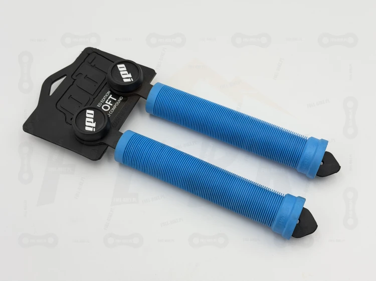 Gripy ODI Soft Longneck SLX w kolorze niebieskim z etykietą