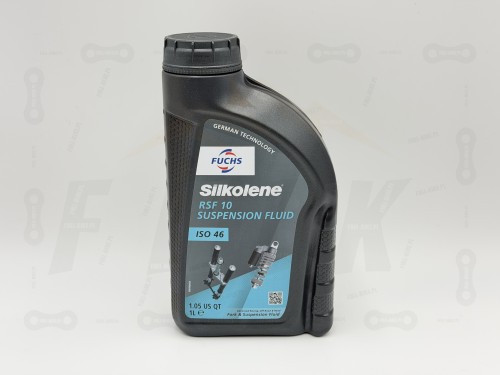 Olej Fuchs Siloklene RSF10 ISO46 1L główne zdjęcie produktu zrobione od frontu butelki z logiem producenta i dokładanym modelem oleju