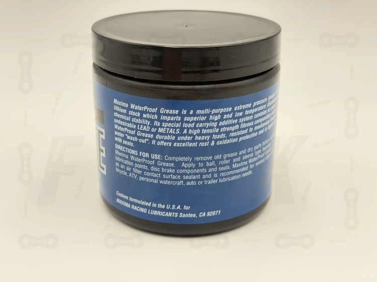 Smar Maxima WaterProof Grease Niebieski 454G zdjęcie przedstawia informacje o producie znajdujące się na opakowaniu