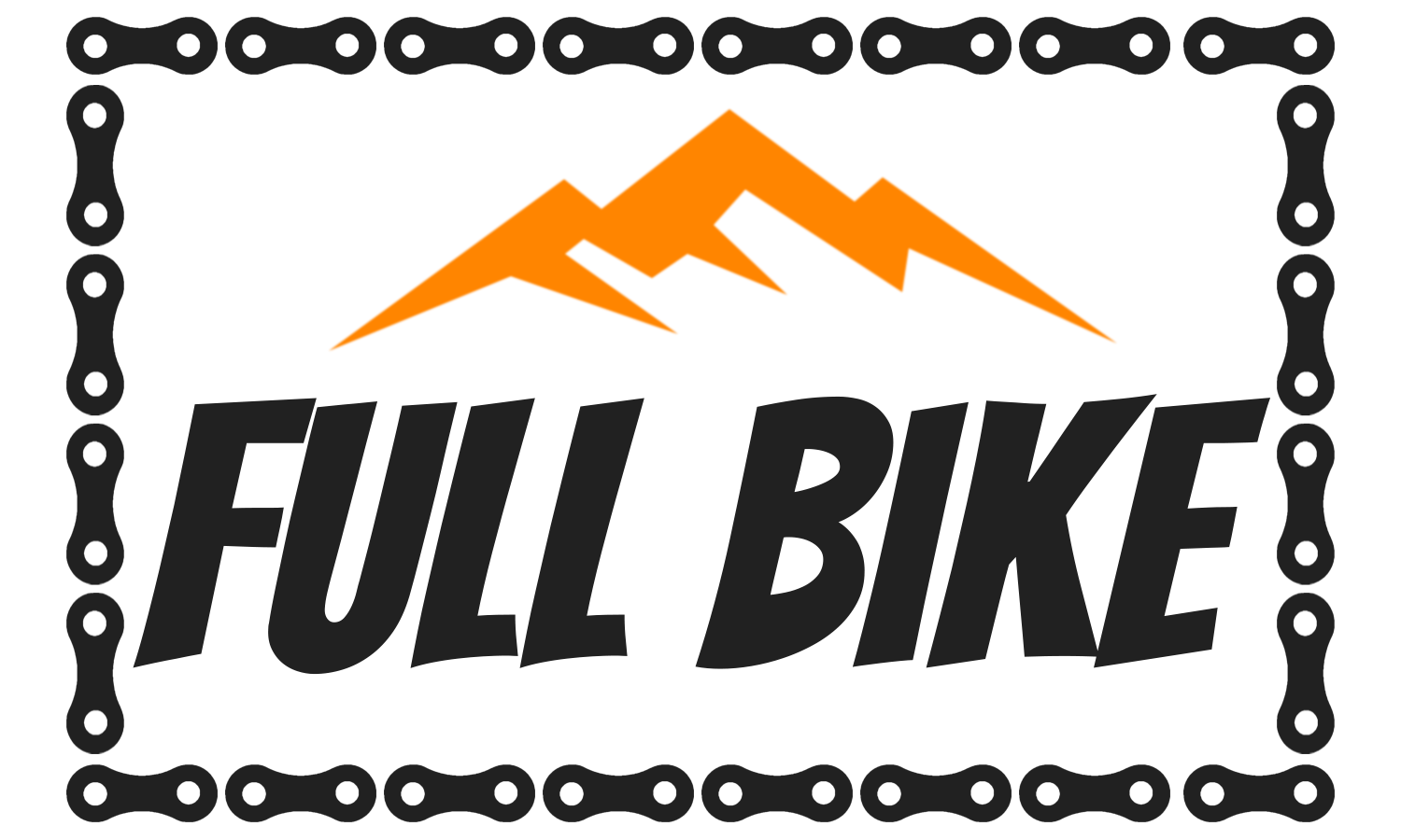 Logo Full BIke. Szary Napis, pomarańczowe logo, otoczone szarym łańcuchem - strona główna
