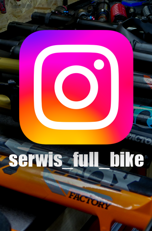 Logo instagrama na tle amortyzatorów, damperów rowerowych. Pod logiem znajduje się nazwa  instagrama serwis_full_bike 